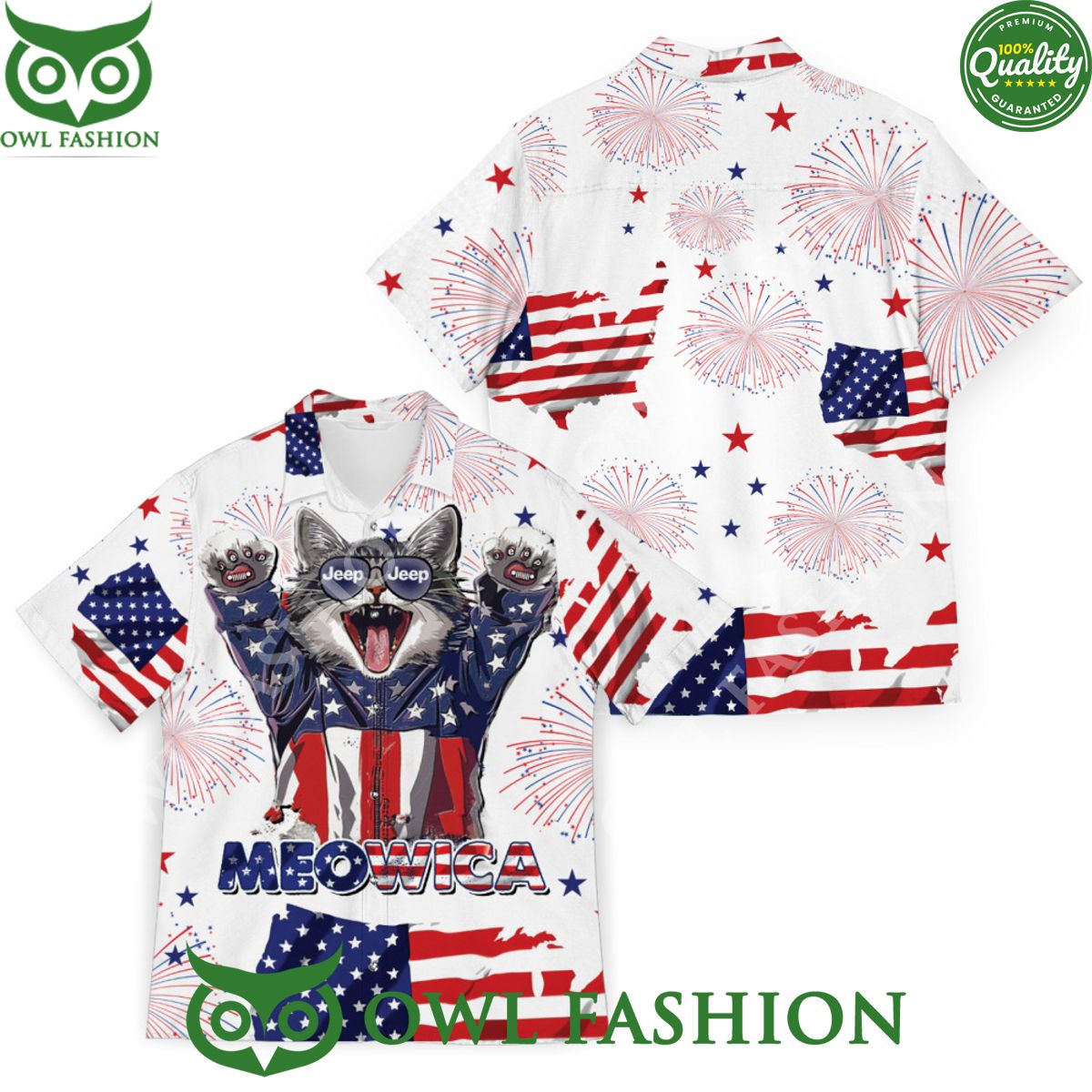 Meowica USA Flag Jeep Independence day Hawaiian shirt