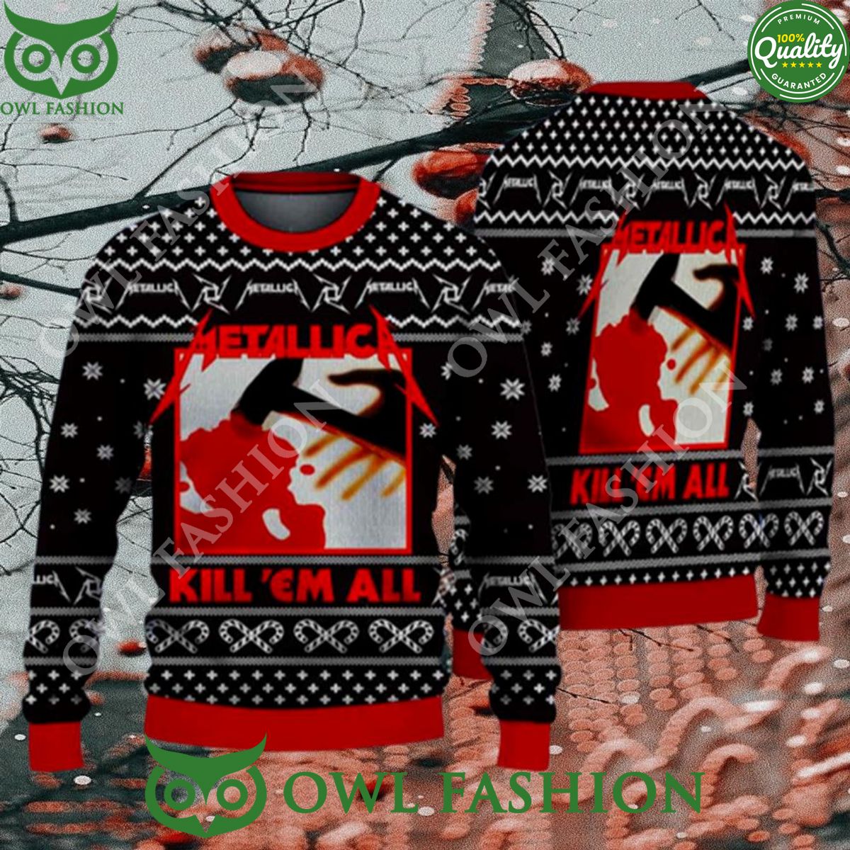 Metallica Kill ‘Em Album All Snowflakes And Candy Cane Christmas Sweater Jumper