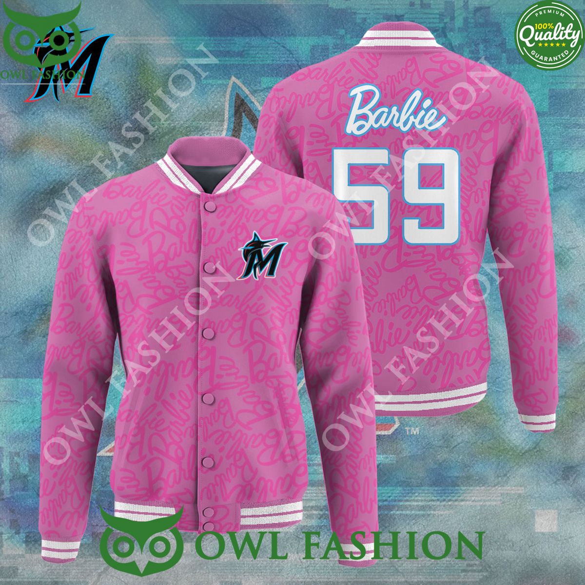 Miami Marlins x Barbie Night Game Pink 59 Varsity Baseball Jacket