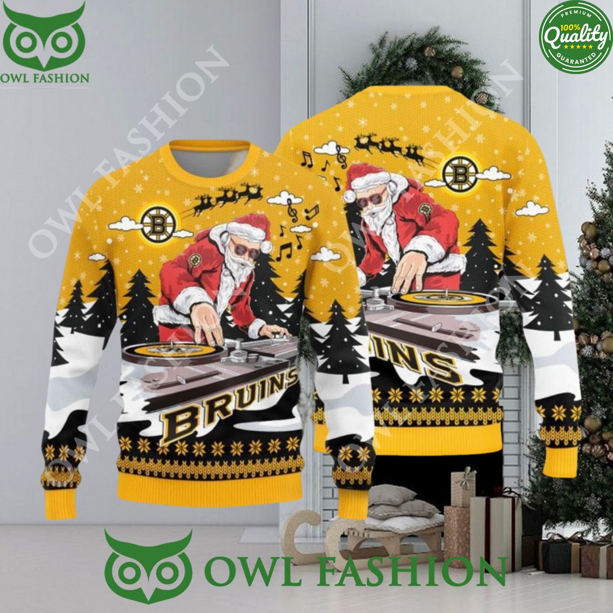 MLB Boston Bruins Christmas Funny DJ Santa New Style Sweater