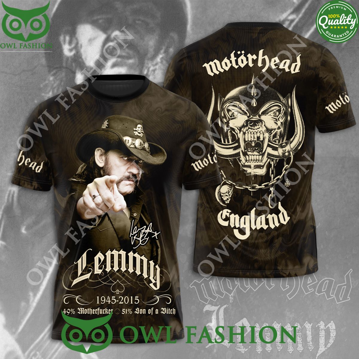 Motörhead Band x Lemmy Kilmister England 1945 2015 Brown 3D t Shirt