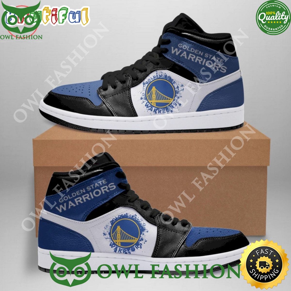 NBA Champion Golden State Warriors Black Blue Air Jordan 1 High Shoes