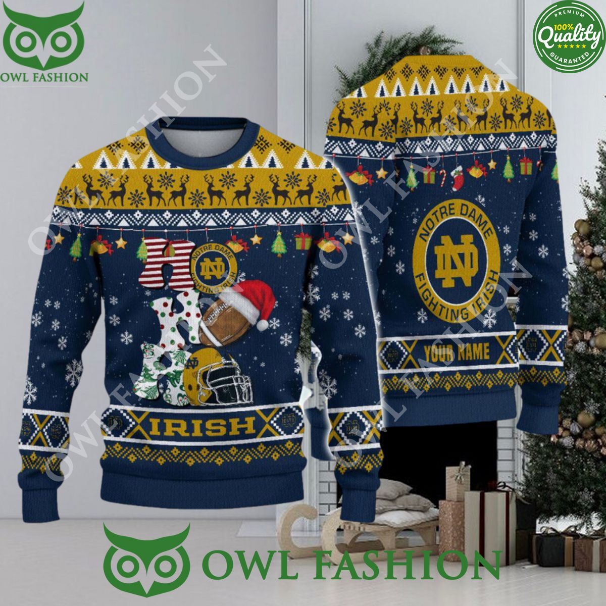 NCAA Notre Dame Fighting Irish HO HO HO Custom Ugly Christmas Sweater Jumper