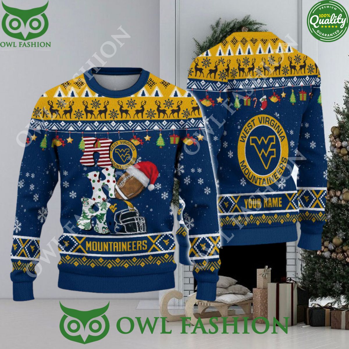 NCAA West Virginia Mountaineers HO HO HO Custom Ugly Christmas Sweater Jumper