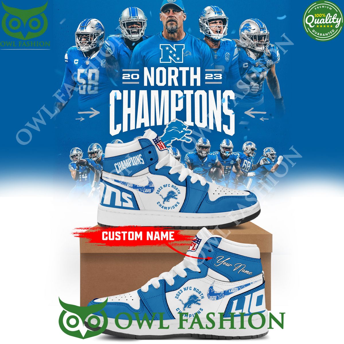 NFC North Champions Detroit Lions Limited Air Jordan 1 High Top Custom Name