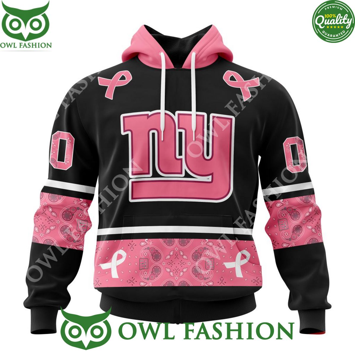 NFL New York Giants PINK BREAST CANCER Paisley Pattern Personalized AOP Hoodie