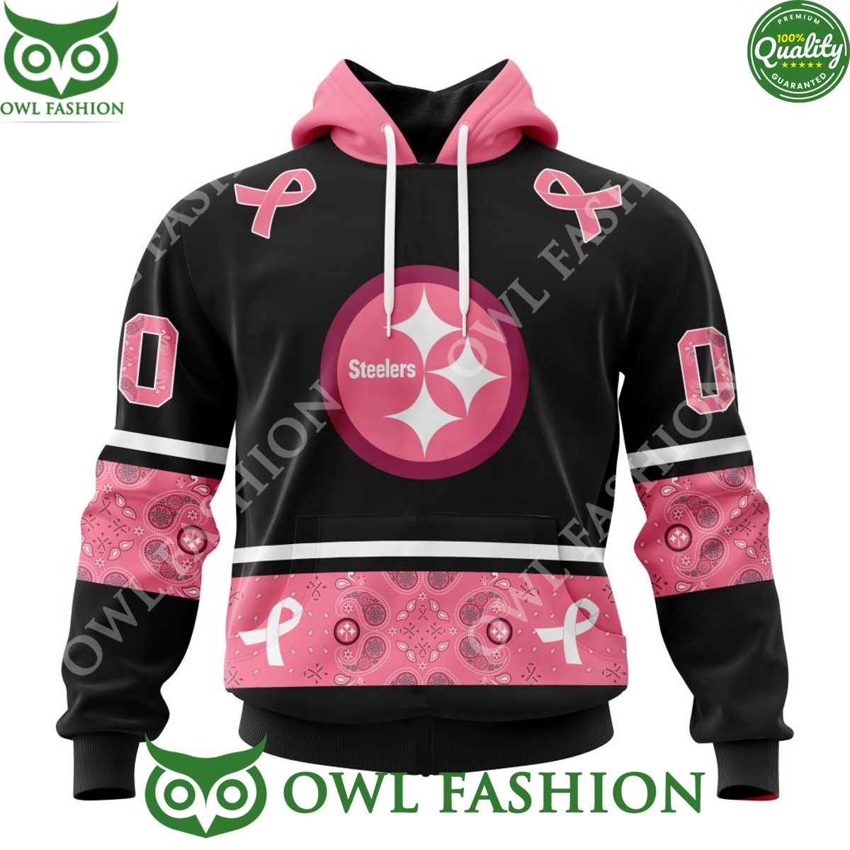 NFL Pittsburgh Steelers PINK BREAST CANCER Paisley Pattern Personalized AOP Hoodie