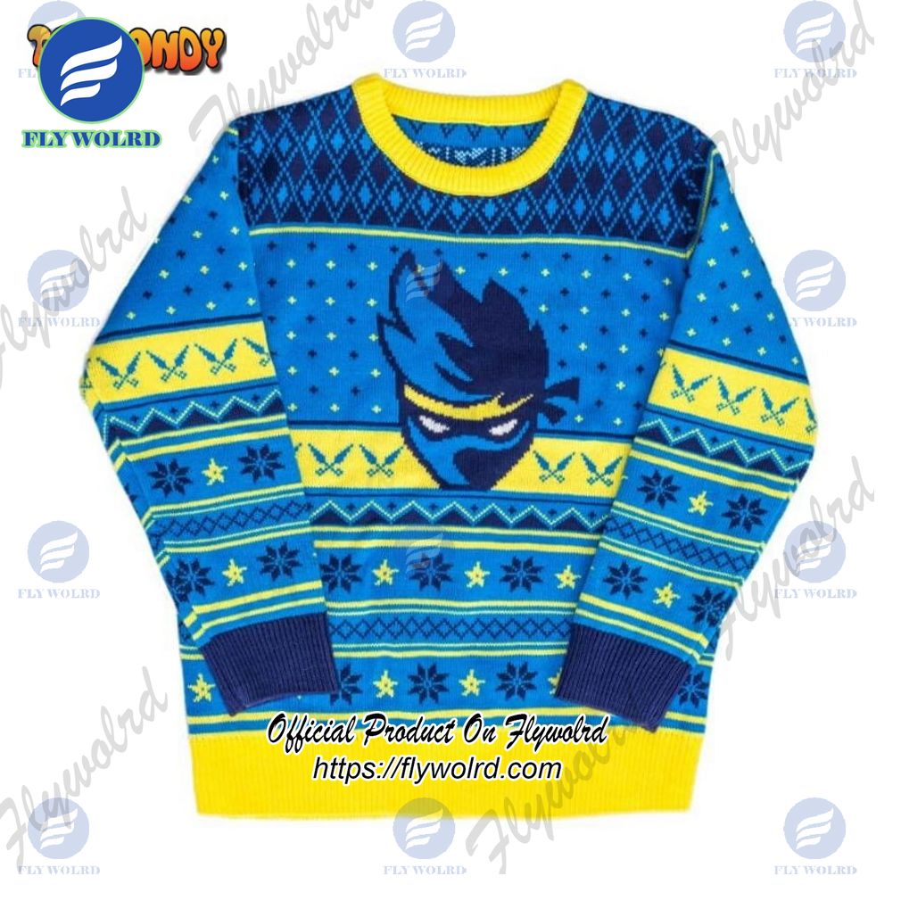 Ninja Blue Yellow All Over Print Ugly Christmas Sweater