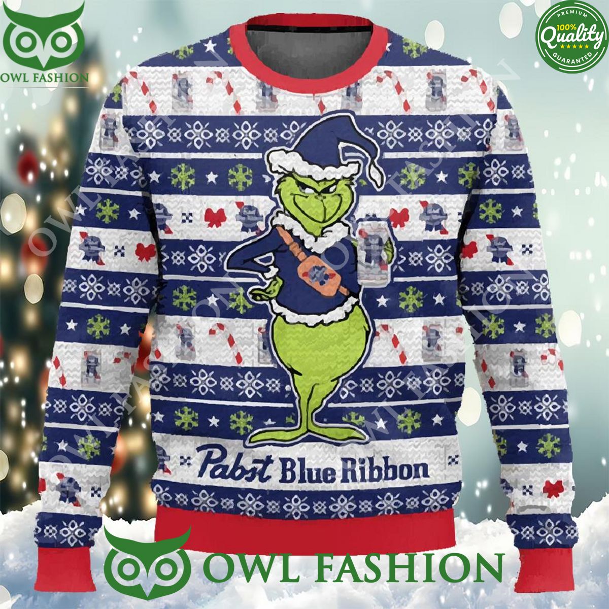 Pabst Blue Ribbon Grinch Ugly Christmas Sweater Jumper