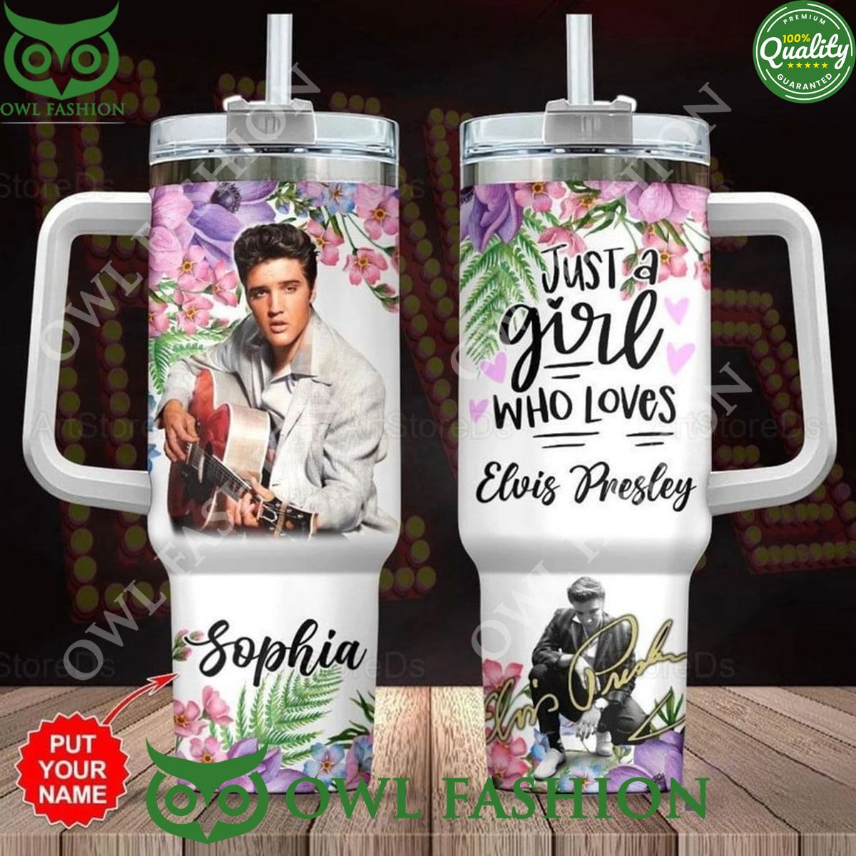 Personalized Just a girl who loves Elvis Presley Flowers 40oz Tumbler Cup with handle