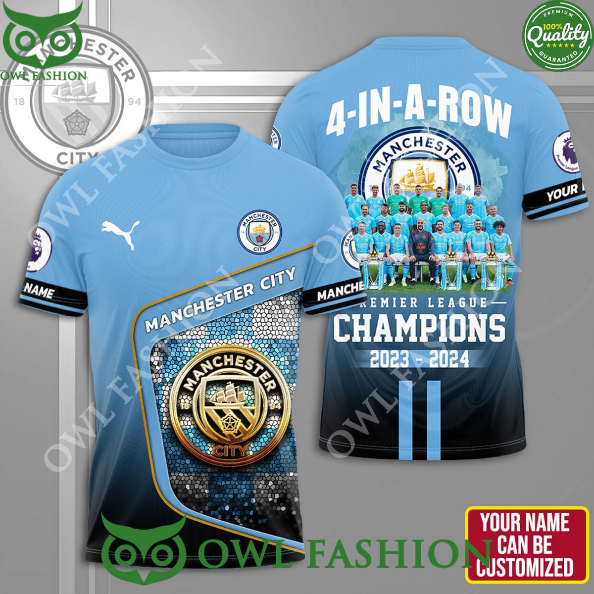 Personalized Manchester City 3D Premier League Champions 2023 2024 4 in a row t shirt