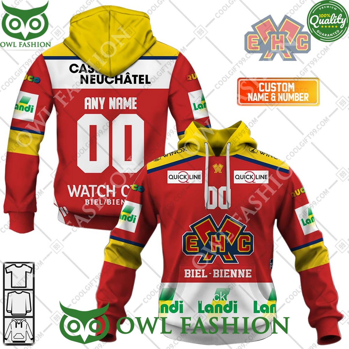 Personalized Name and Number NL Hockey EHC Biel Home jersey Style printed Hoodie shirt
