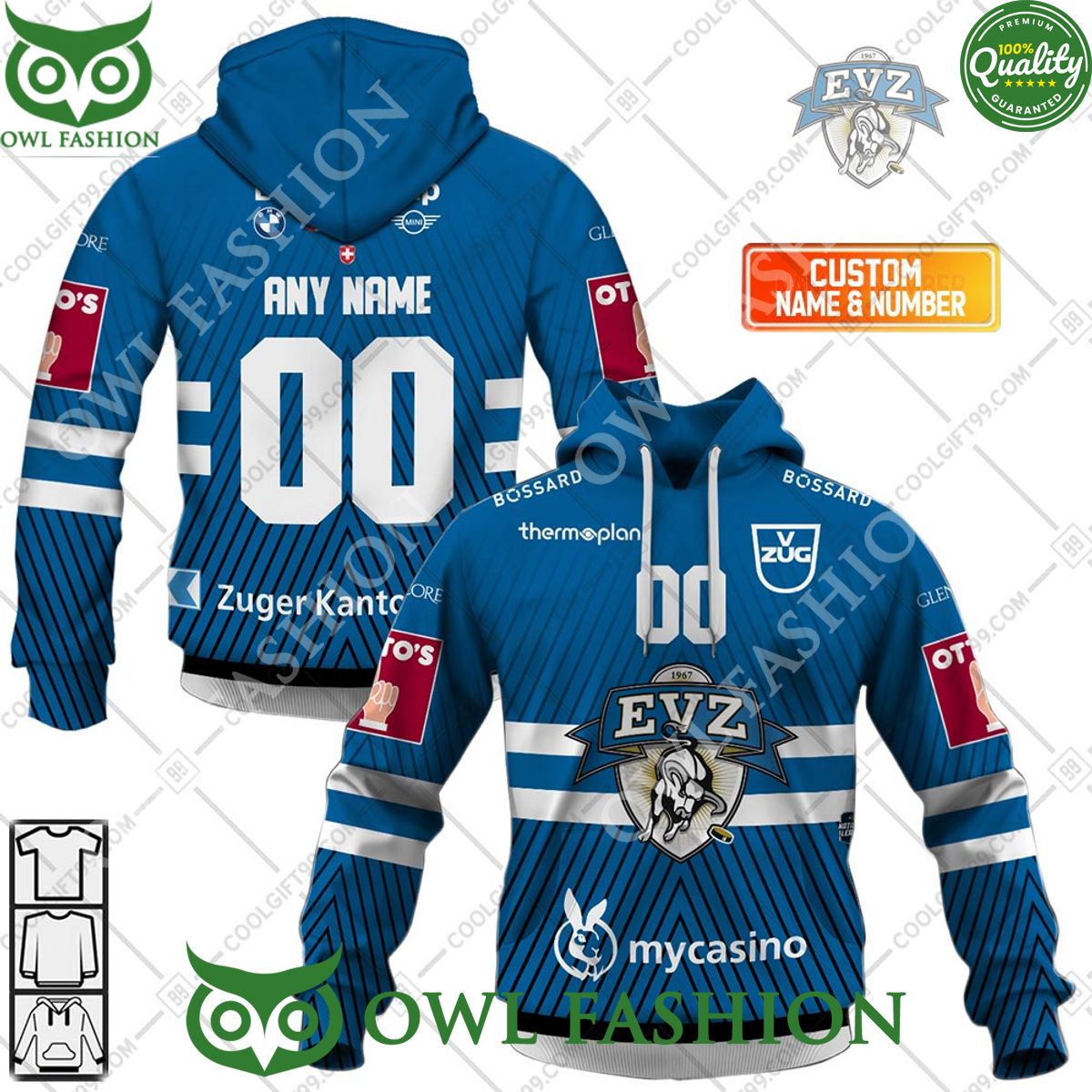 Personalized Name and Number NL Hockey EV Zug Home jersey Style printed Hoodie shirt