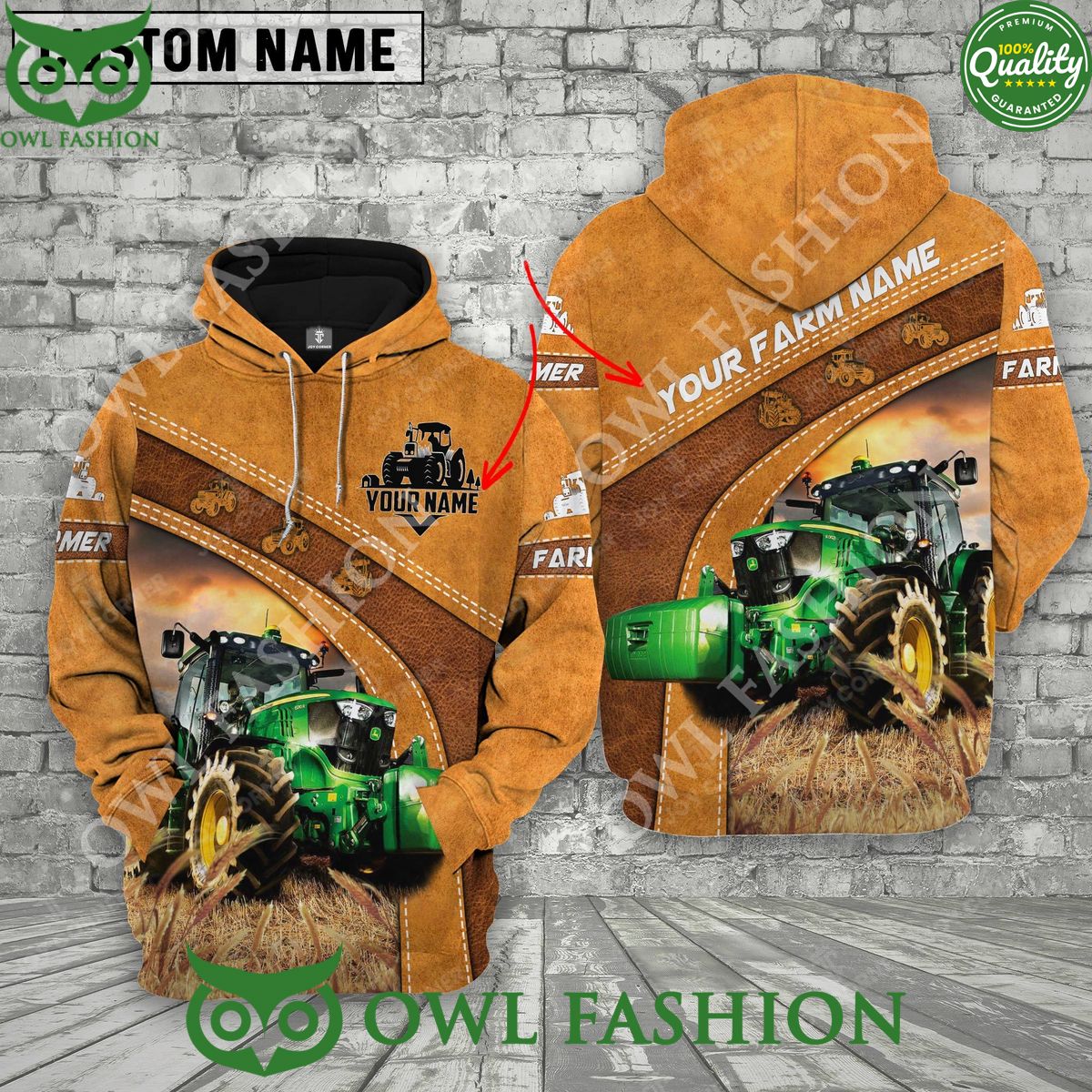 Personalized Name Farm Green Tractor Brown AOP Hoodie
