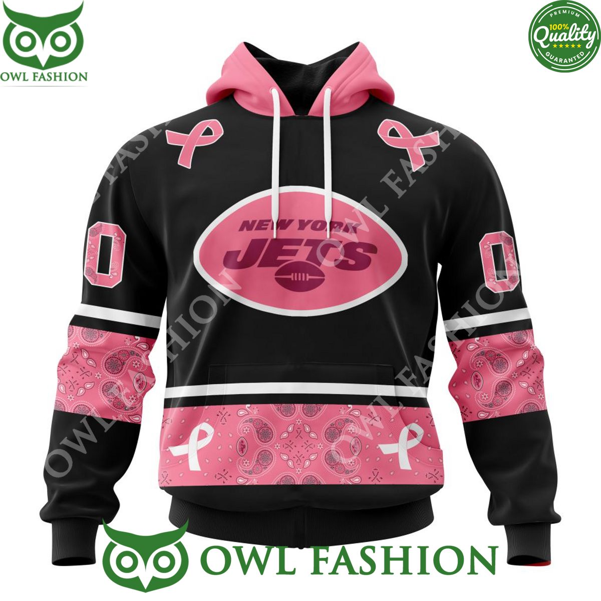 Personalized New York Jets PINK BREAST CANCER NFL Paisley Pattern AOP Hoodie