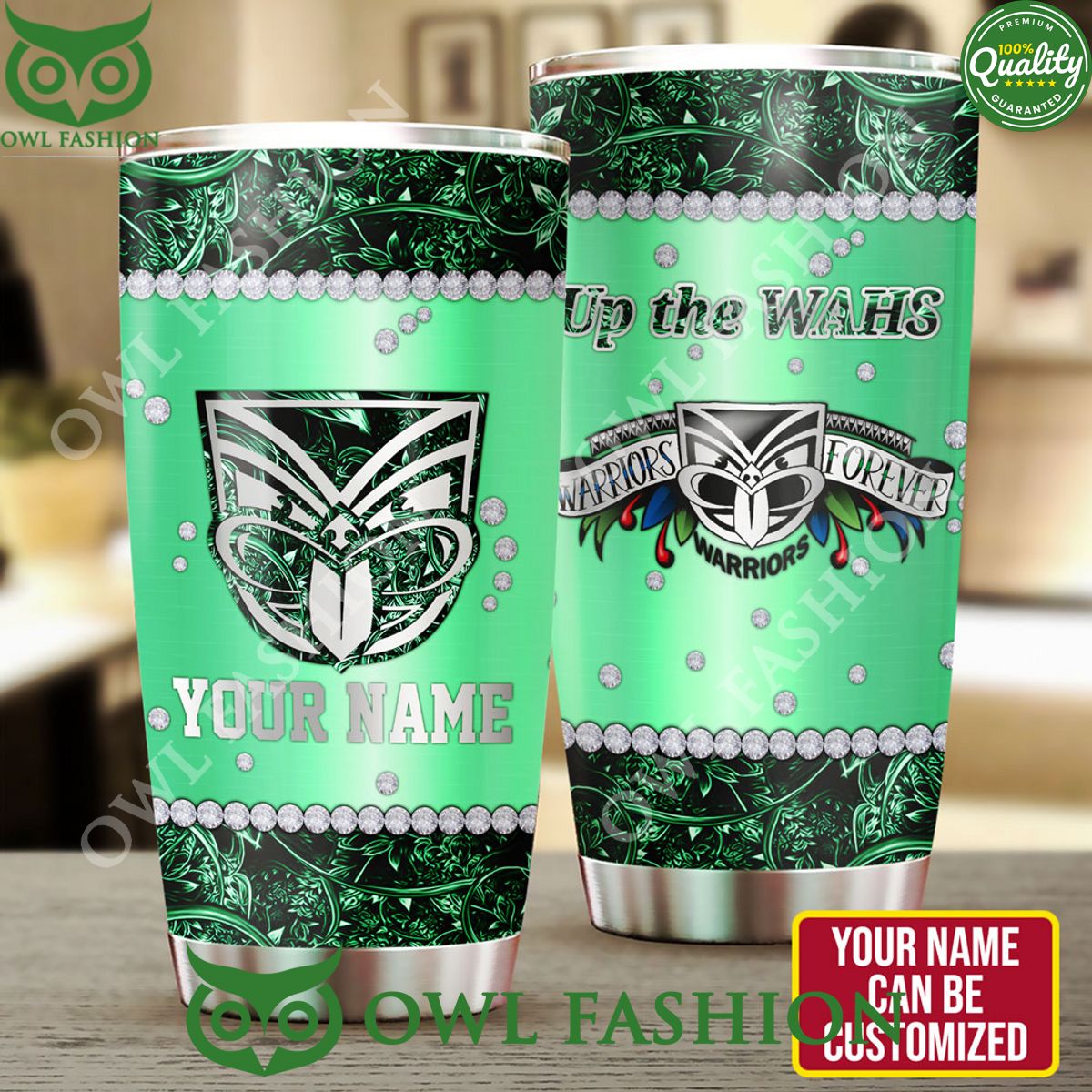 Personalized New Zealand Warriors Green Pattern Tumbler Cup