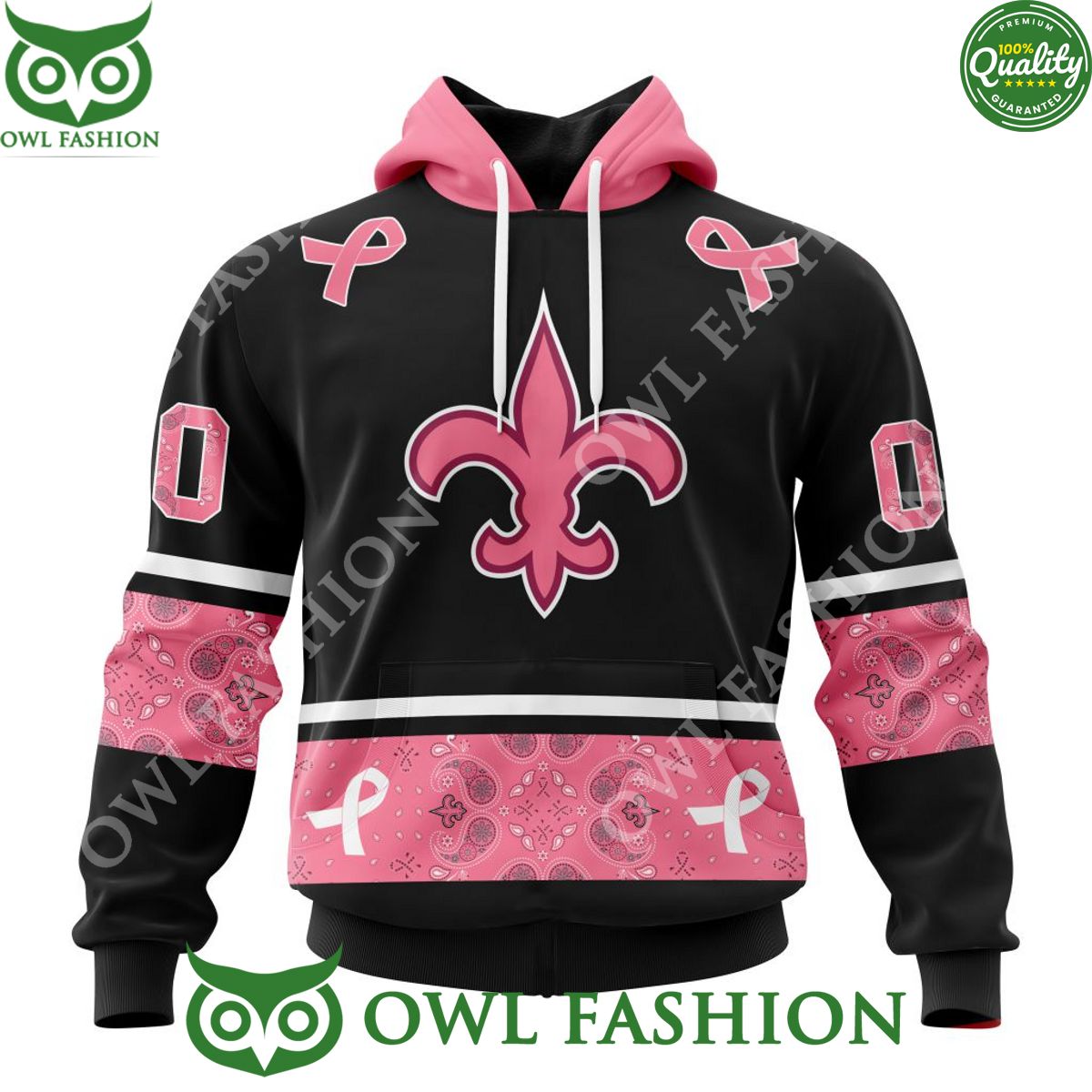 Personalized NFL New Orleans Saints PINK BREAST CANCER Paisley Pattern AOP Hoodie
