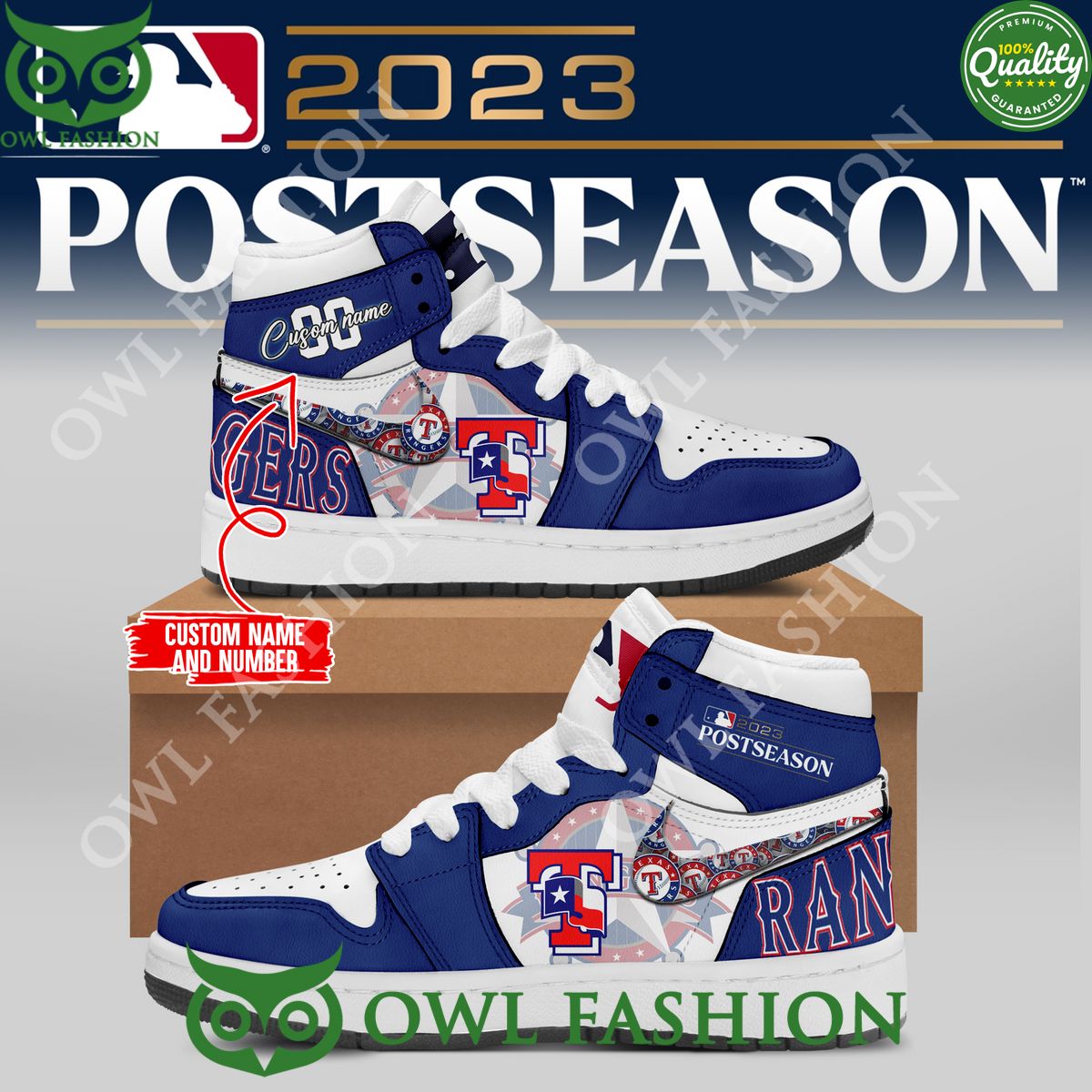 Personalized Texas Rangers MLB 2023 Nike Blue Air Jordan 1 Postseason