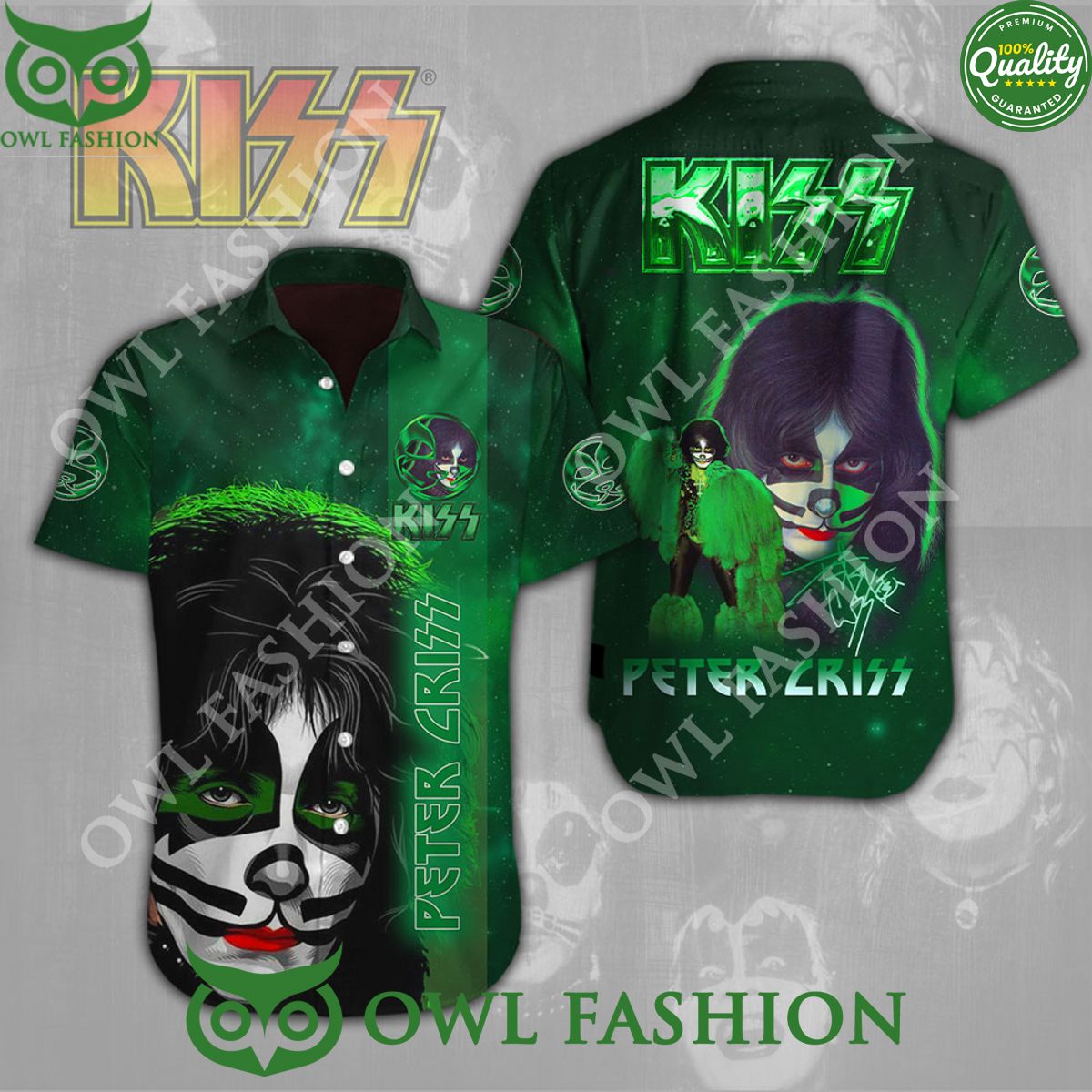 Peter Criss x Kiss Band Image Green Hawaiian Shirt