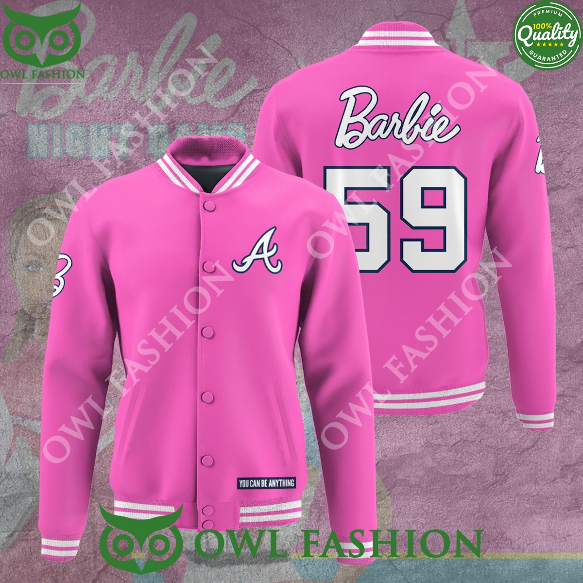 Pink Atlanta Braves 59 Barbie Night Game Varsity Jacket