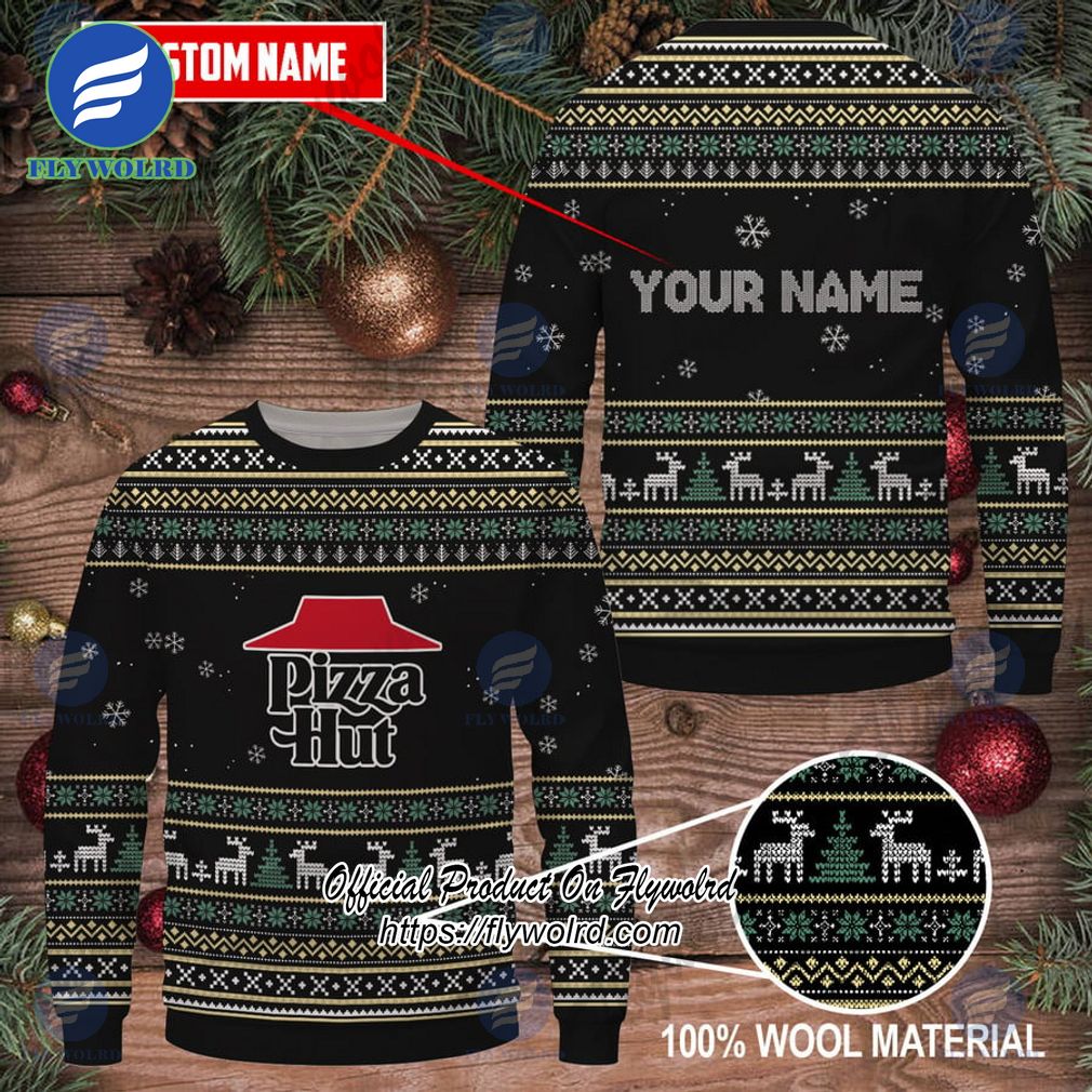 Pizza Hut Custom Name Logo Reindeer Pine Trees Black Design Ugly Christmas Sweater