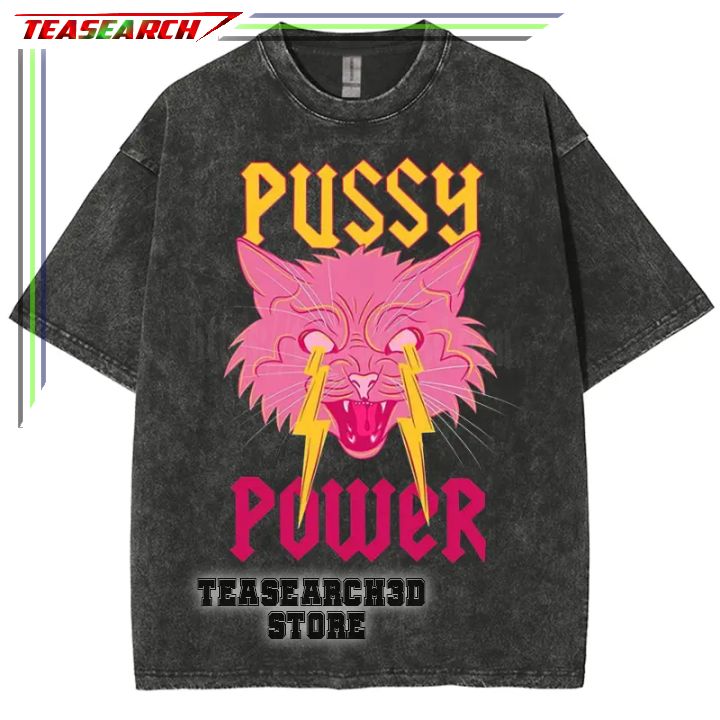 Pussy Power Cat Unisex Acid Wash Denim T-Shirt