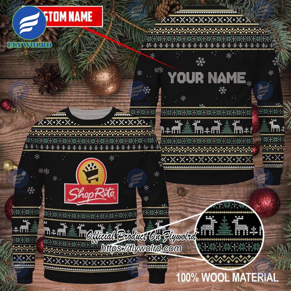 Shoprite Custom Name Logo Reindeer Pine Trees Black Design Ugly Christmas Sweater