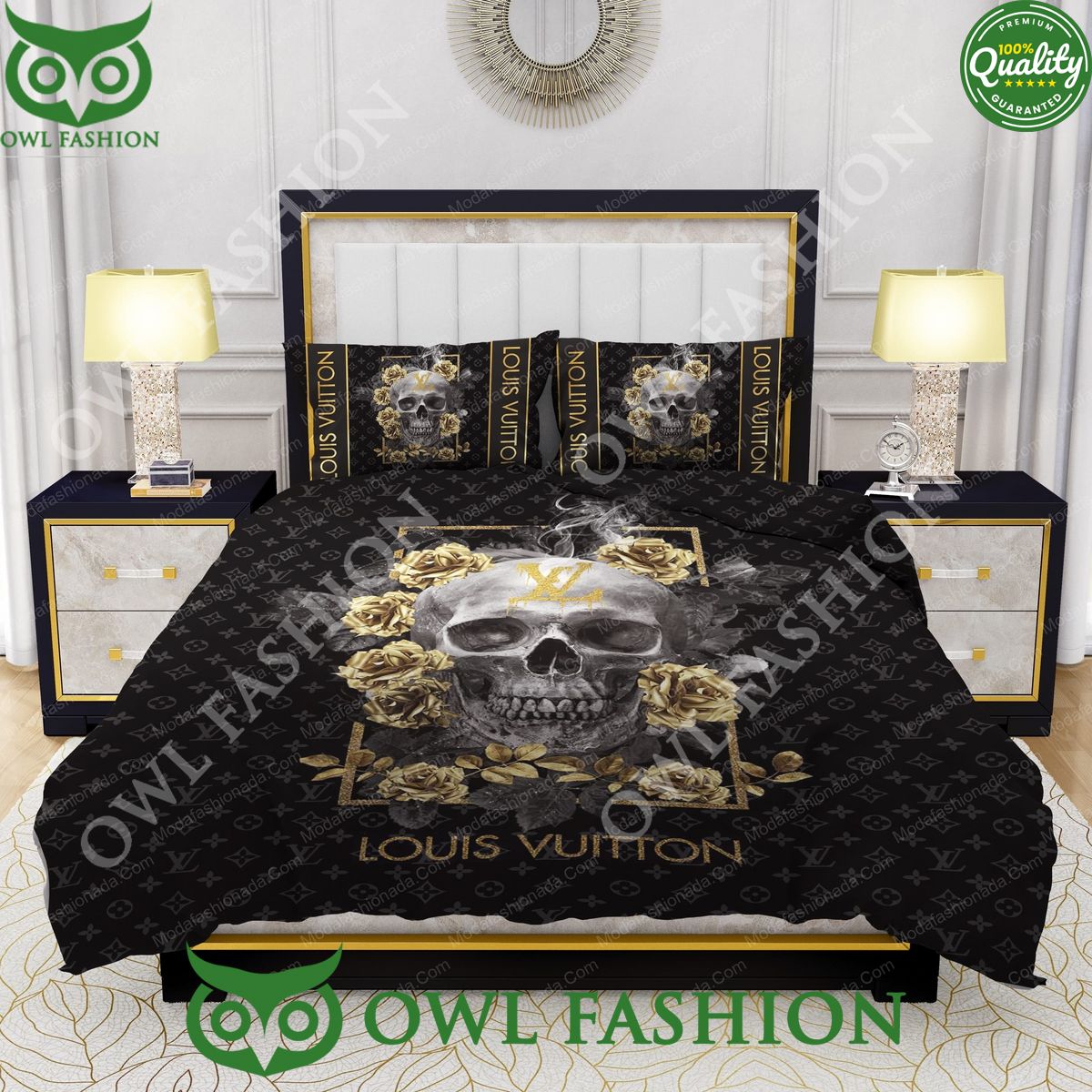 Skull And Golden Rose Louis Vuitton Bedding Sets