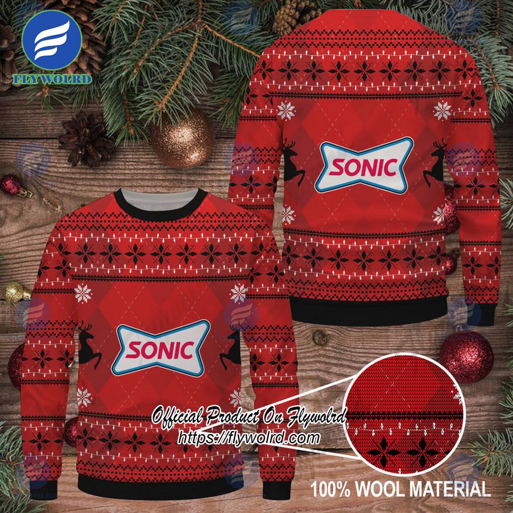 Sonic Drive-In Red Black Design Logo Reindeer Ugly Christmas Sweater