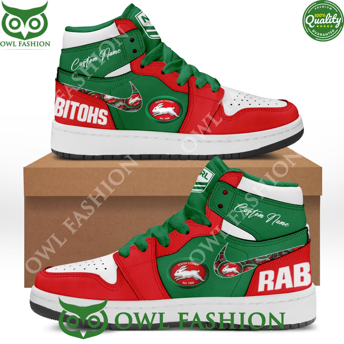 South Sydney Rabbitohs NRL Sneaker AJ1 Air Jordan High Top Custom Name Green