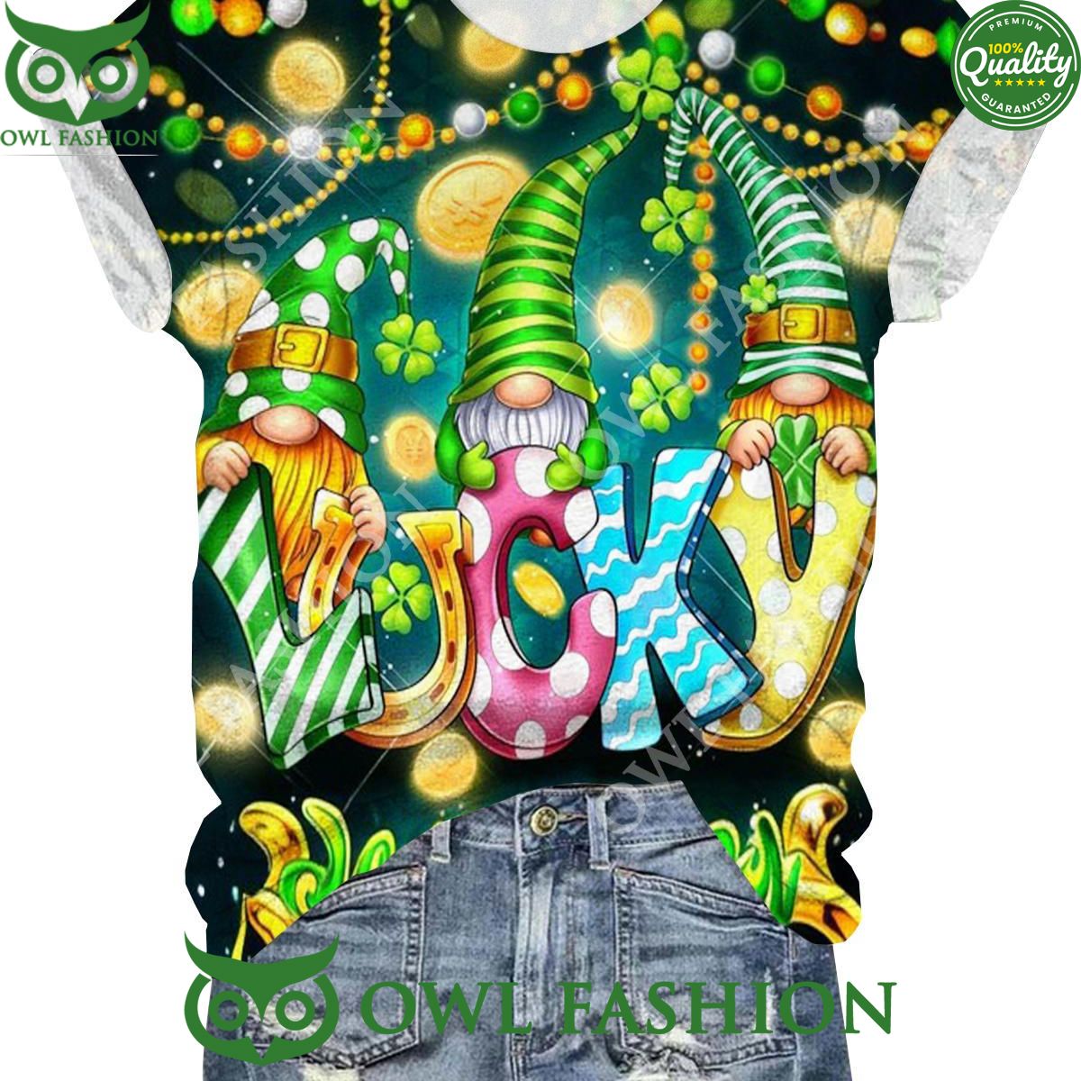 St. Patrick's Day Gnome Print Crew Neck Premium Tshirt