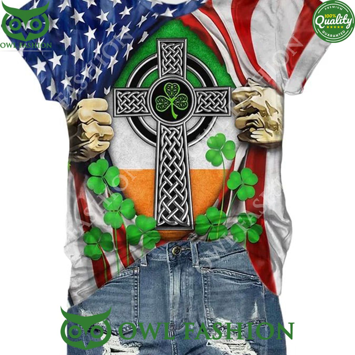 St Patricks Day Shamrocks Cross Print t shirt