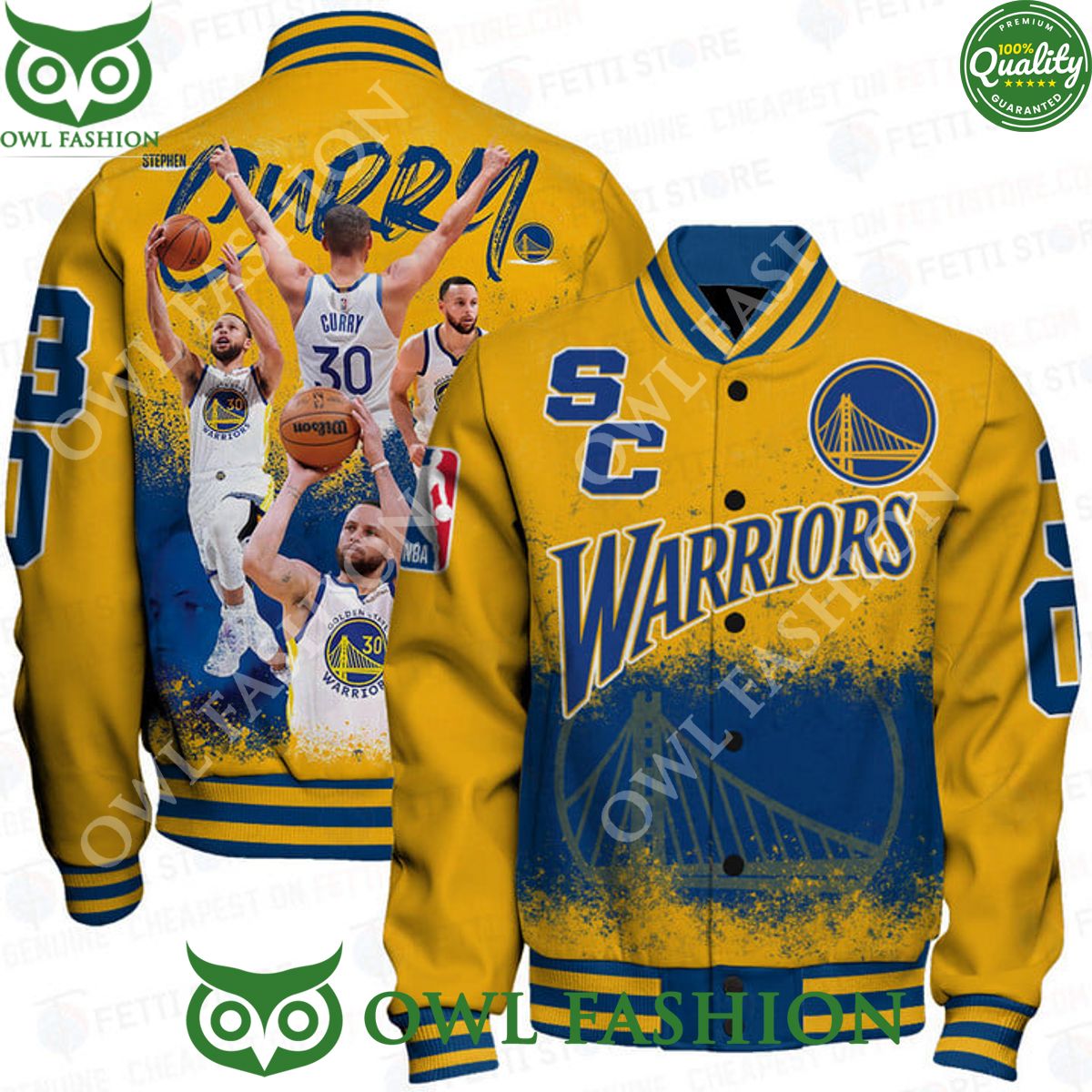 Stephen Curry Heats Up Warriors NBA Blue Yellow Print Varsity Jacket