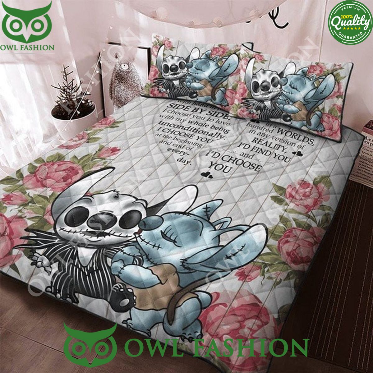 Stitch and Lilo Couple I choose you find you side by side Halloween Quilt Bedding set