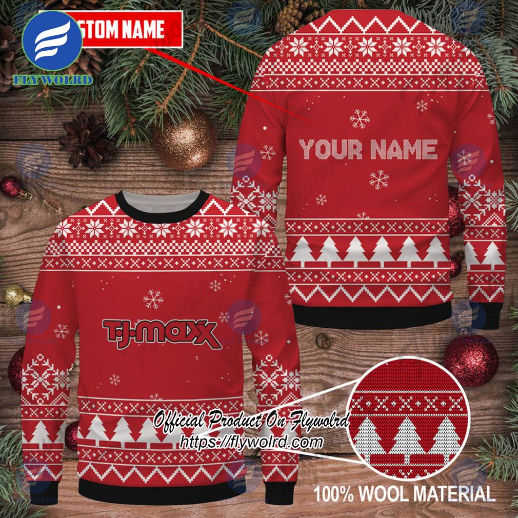 T.J. Maxx Custom Name Logo Pine Trees Ugly Christmas Sweater