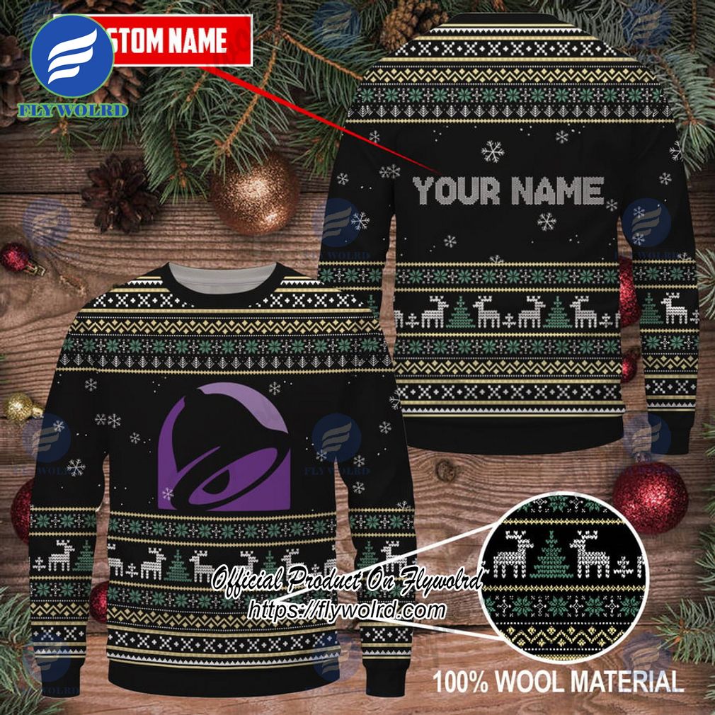 Taco Bell Custom Name Logo Reindeer Pine Trees Black Design Ugly Christmas Sweater