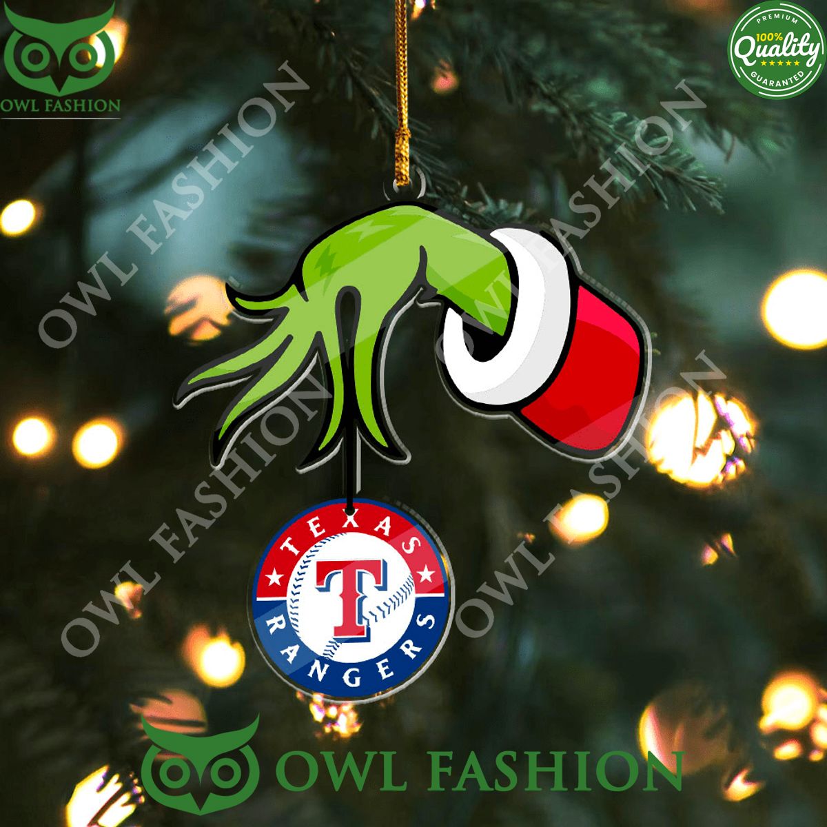 Texas Rangers Grinch Hand 2-Side Printed Ornament