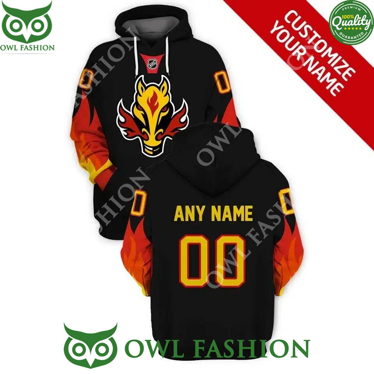 The Calgary Flames Ice Hockey team printed custom name and number hoodie