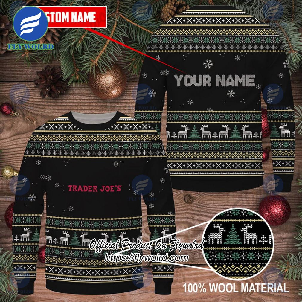 Trader Joe'S Custom Name Logo Reindeer Pine Trees Black Design Ugly Christmas Sweater