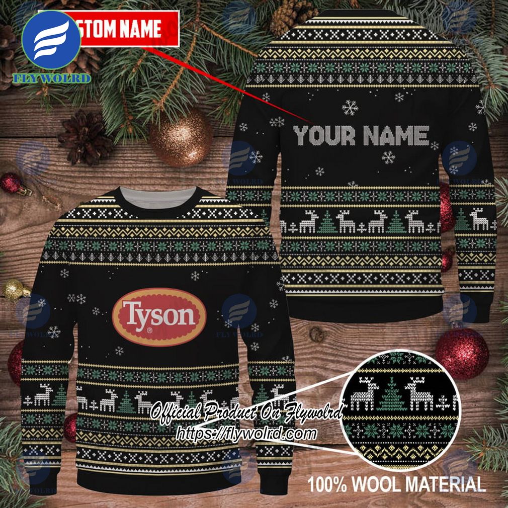 Tyson Foods Custom Name Logo Reindeer Pine Trees Black Design Ugly Christmas Sweater