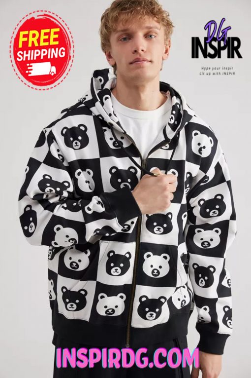 Urban Outfitters Teddy Fresh Bear Checkerboard Full Zip Hoodie Sweatshirt