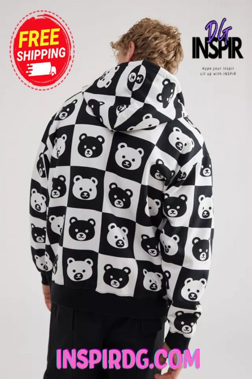 Urban Outfitters Teddy Fresh Bear Checkerboard Full Zip Hoodie Sweatshirt