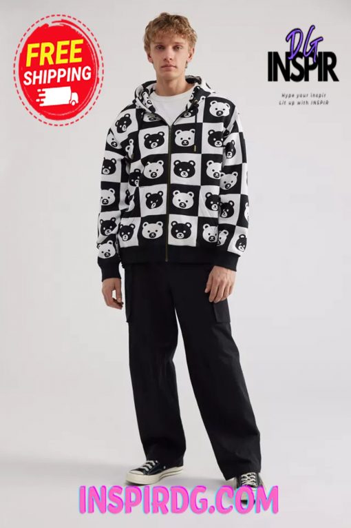 Urban Outfitters Teddy Fresh Bear Checkerboard Full Zip Hoodie Sweatshirt