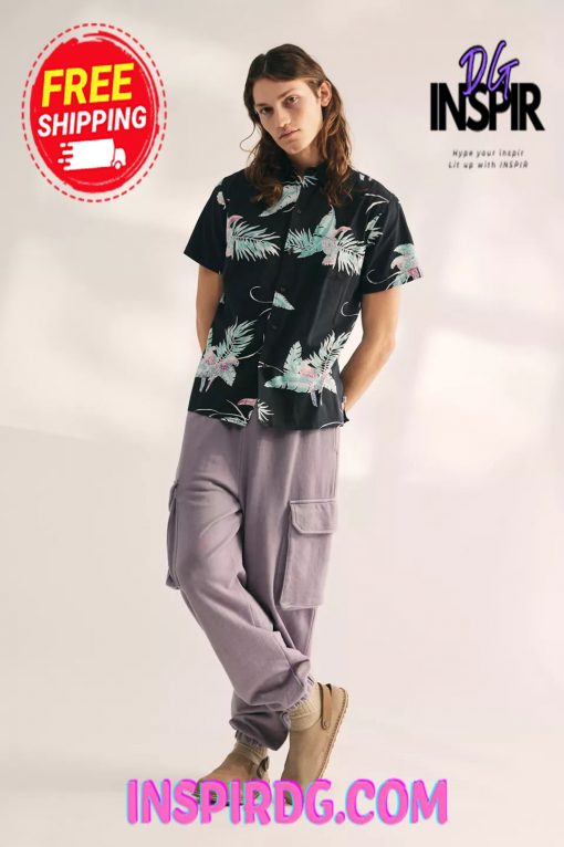 Urban Outfitters Katin Paradise Tropical Print Short Sleeve Button-Down Shirt