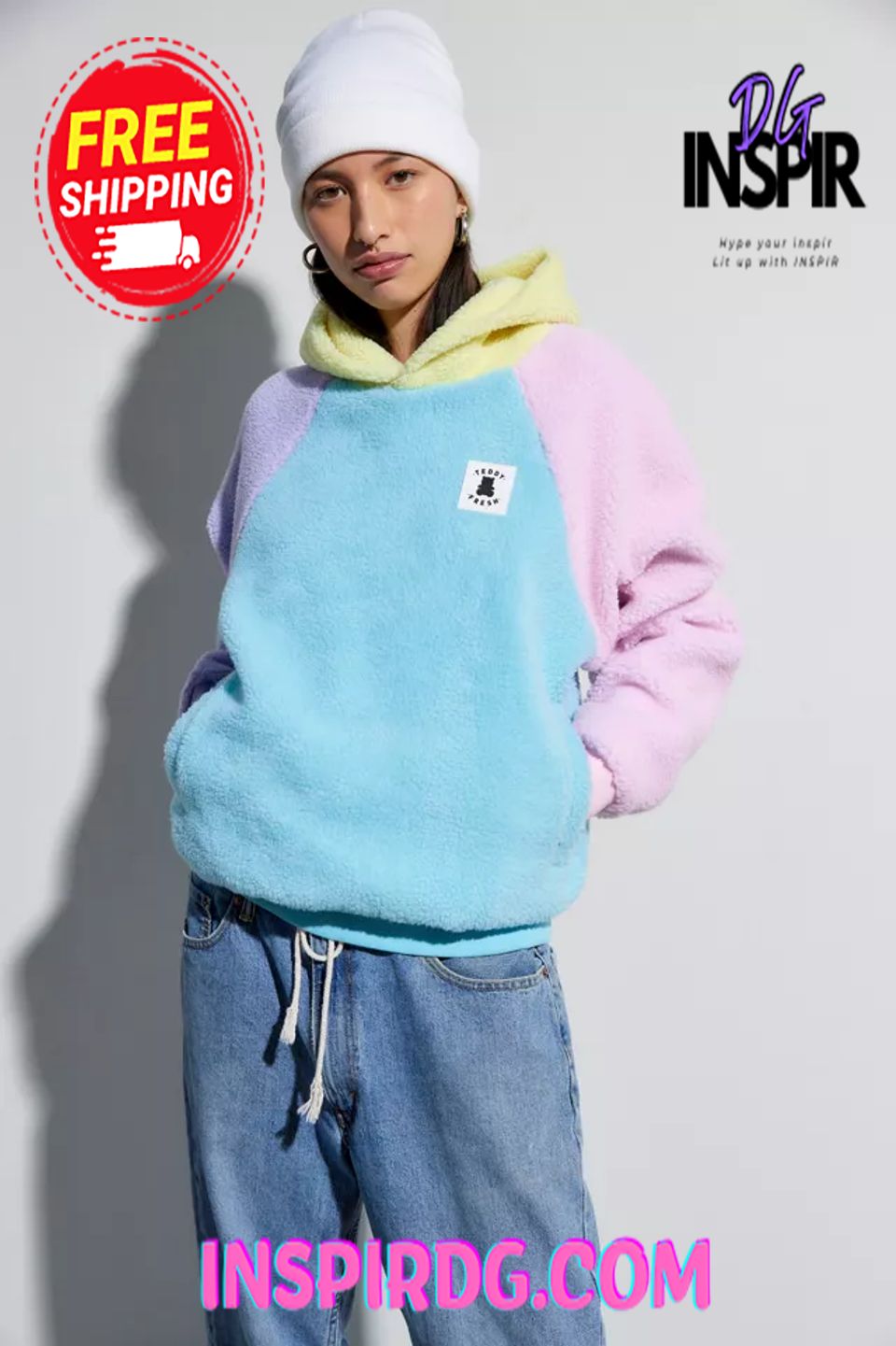 Urban Outfitters Teddy Fresh Colorblock Fleece Hoodie Sweatshirt InspirDG