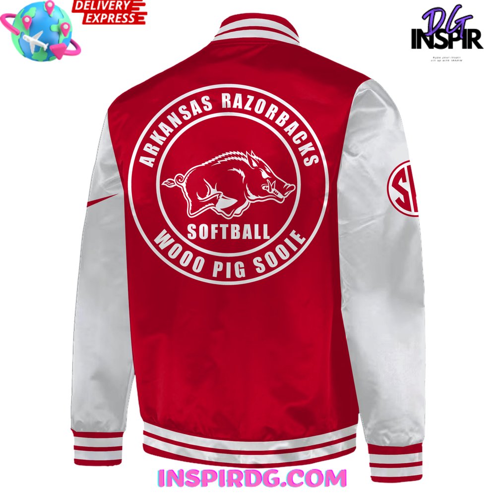 Arkansas Razorbacks Softball Woo Pig Sooie Baseball Jacket InspirDG