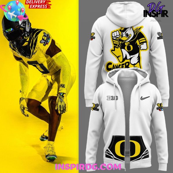 Oregon Ducks Stomp Out Cancer 2024 White Zip Hoodie