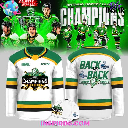 London Knights OHL Back-to-Back Champions 2024 - 2025 White Hockey Jersey London Knights OHL Back-to-Back Champions 2024 - 2025 White Hockey Jersey