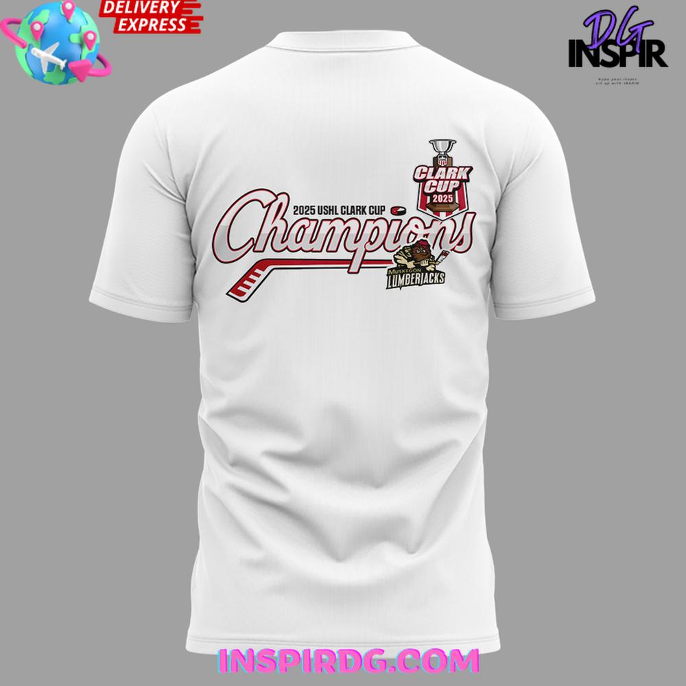 Muskegon Lumberjacks 2025 USHL Clark Cup Performance White T-Shirt Muskegon Lumberjacks 2025 USHL Clark Cup Performance White T-Shirt