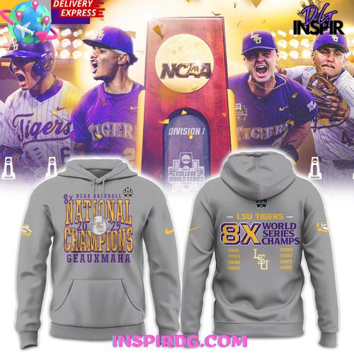 LSU Tigers 8X College World Series Champions 2025 Gray Edition Hoodie LSU Tigers 8X College World Series Champions 2025 Gray Edition Hoodie